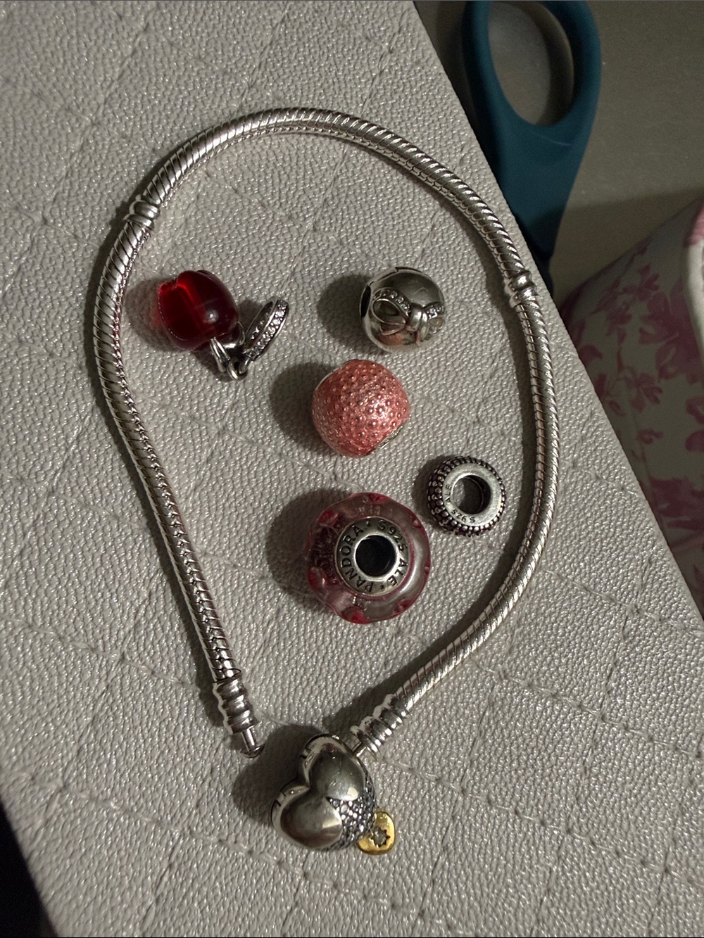 Pandora Silver Charm 8” Bracelet with Red and Pink Glass Accents